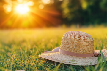 Travel in summer concept, Picnic in public garden park, Selective focus travel straw hat with holiday and vacation concept.