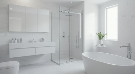 Modern All White Bathroom Interior with Freestanding Bathtub and Shower