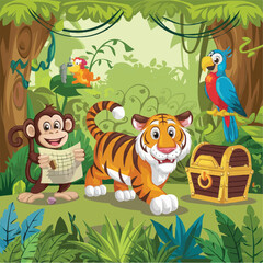 Fototapeta premium Adventurous Jungle Scene with Tiger, Monkey, Parrot, and Treasure Chest in a Lush Forest Setting