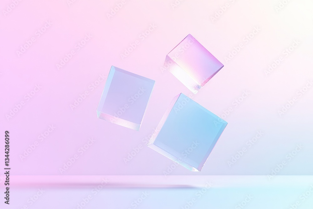 Poster collection of abstract geometric shapes floating in gradient pastel background offers vibrant visual