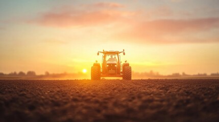 Fototapeta premium Beautiful Sunset Over Agricultural Field with a Tractor Silhouette Against a Colorful Sky and Soft, Warm Lighting in the Horizon of Farming Landscape