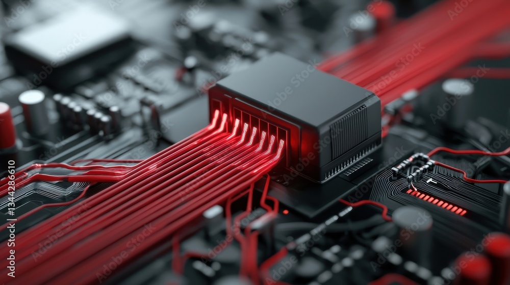 Poster close-up of a circuit board with red wires and a black microchip highlighting electronic design.