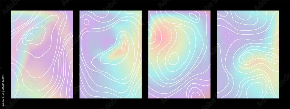 Poster abstract holographic gradient backgrounds set with white contour lines, creating a futuristic and mo