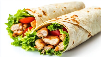 Delicious Fried Chicken Wrap With Vegetables On White Tortilla, Lettuce, Tomato, And Sauce - A Flavorful Taco-Style Treat