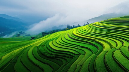 Fototapeta premium Lush terraced rice fields under a foggy sky, showcasing stunning green patterns.