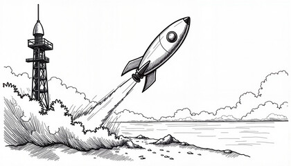 Hand-drawn rocket launching from launchpad into space, creative expression