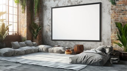 Empty art canvas in industrial loft with gray seating.  Possible use Interior design mockup