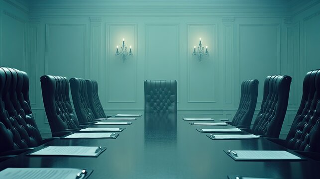Empty boardroom, meeting table, chairs, documents, corporate