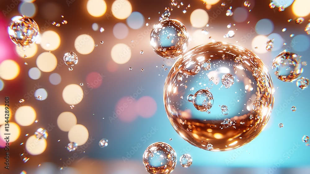 Poster floating soap bubbles in colorful background with soft focus and sparkling water droplets