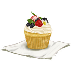 Cupcake With Fresh Fruits Brush Illustration