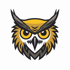 Fototapeta premium Graphic vector illustration of a yellow and black owl with a piercing gaze, symbolizing wisdom, strength, and nocturnal vision.