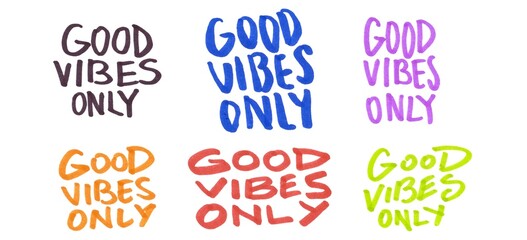 Set of hand-drawn colorful marker text “Good Vibes Only” isolated on a white background 