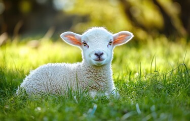 Obraz premium Spring lamb resting in meadow, sunlit background