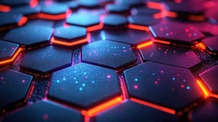 Obraz premium Abstract hexagonal grid with glowing neon lights.