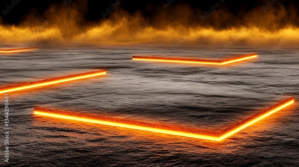 Poster glowing neon lines on a dark surface with a fiery background and mysterious atmosphere