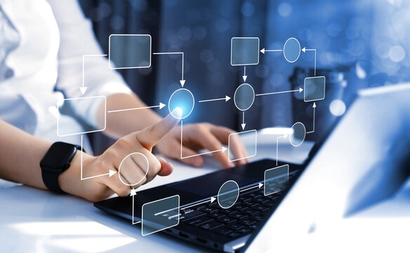 Business process and workflow automation with flowchart. Scheme of hierarchy management of corporate and processing management.	
