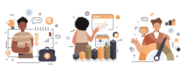 Budget bookkeeping illustration set. People doing paperwork. Characters accounting debit and credit, calculating bills and income taxes. Financial management concept. Vector illustration.