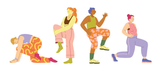 Colorful Inclusive Fitness hand drawn illustration. Diverse body positive women exercising in modern flat vector style. Stretching, pilates, knee exercises