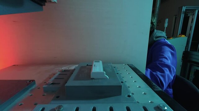 Close up view of a laser engraving machine etching text on a plastic object in a red and blue lit laboratory