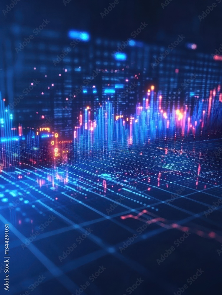 Poster dynamic financial chart with fluctuating graphs and glowing elements on a blue background