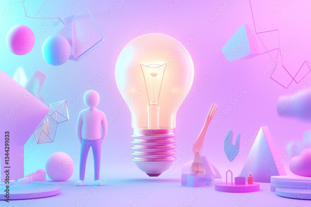 Poster a 3d rendering of a large lightbulb with a small person observing it, surrounded by colorful abstrac