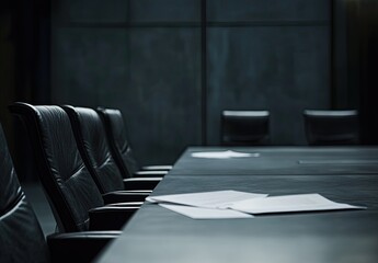 Empty conference room, documents on table, meeting preparation, corporate office