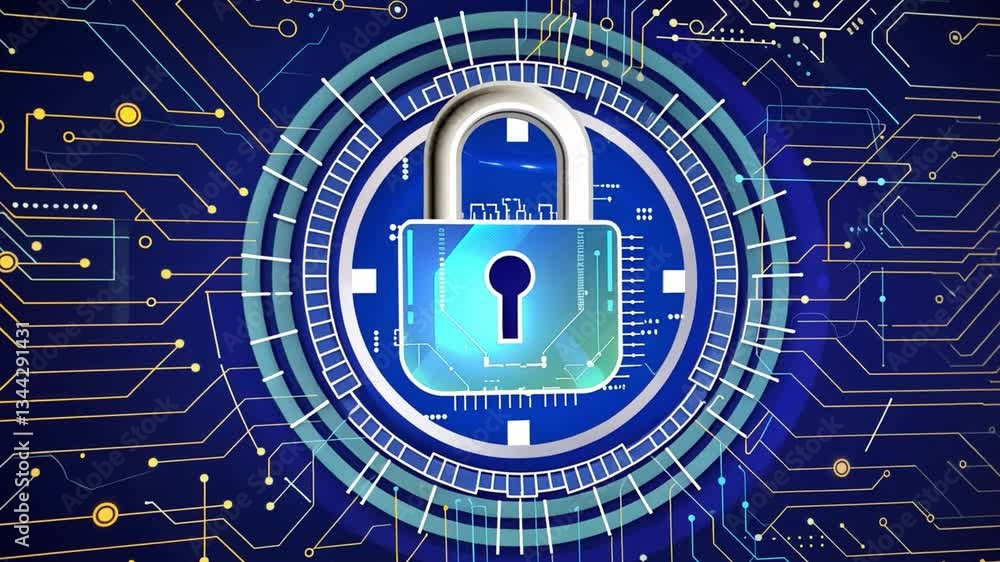 Poster digital padlock symbolizes cybersecurity on blue circuit background secure technology and data prote