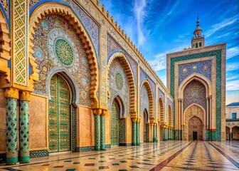 Obraz premium Panoramic View of Intricate Moroccan Mosaic Tiles, Hassan II Mosque, Casablanca