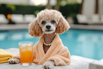 Poodle enjoys iced tea by the pool in a luxury resort bathrobe with pearl earrings