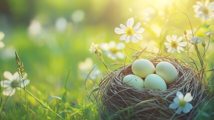 Pastel Easter eggs nestled among spring flowers, radiating warmth and renewal in a serene meadow setting.