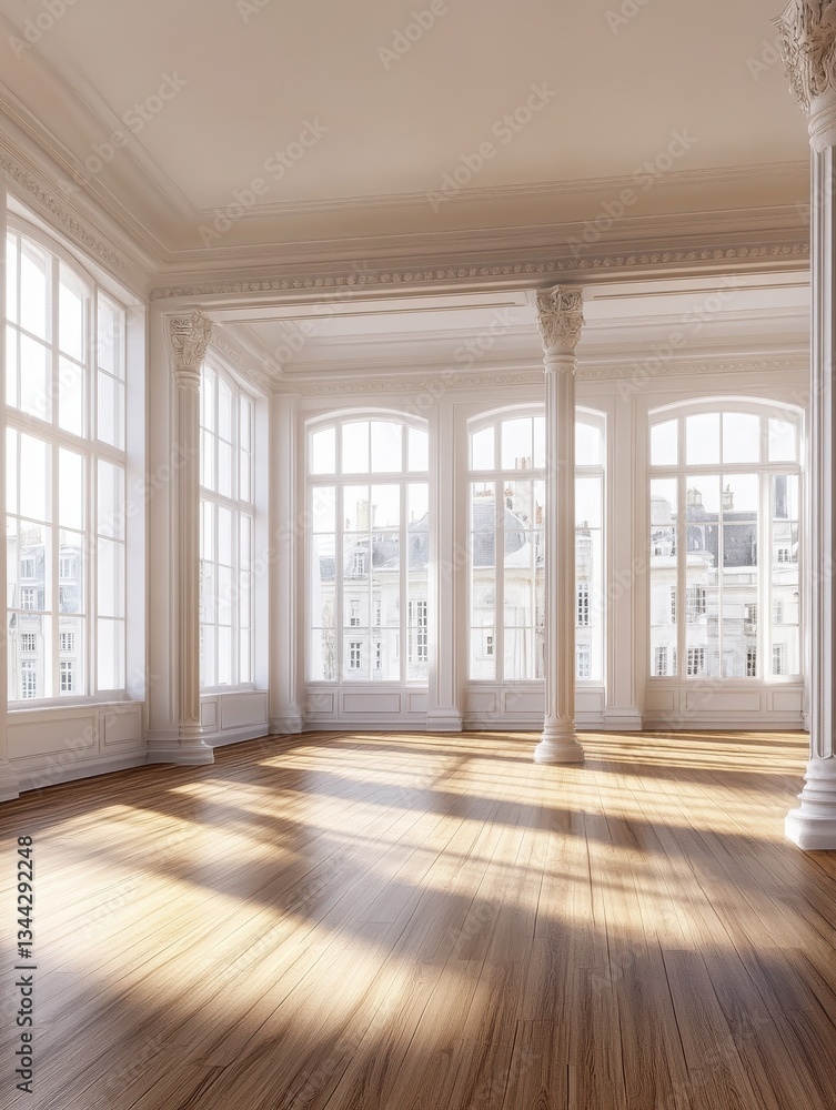 Poster ai-generated illustration of a spacious empty room with wooden floor and white walls with columns su