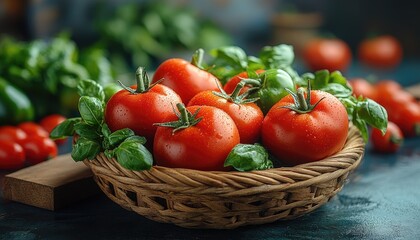 Fresh ripe tomatoes in a wicker basket with basil. Perfect for recipes, food blogs, or healthy eating content.