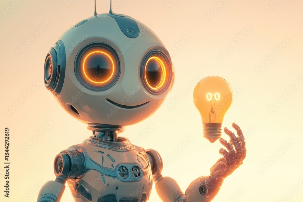 Aufkleber a cute robot holds a glowing lightbulb, symbolizing innovation and creative problem-solving in ai.