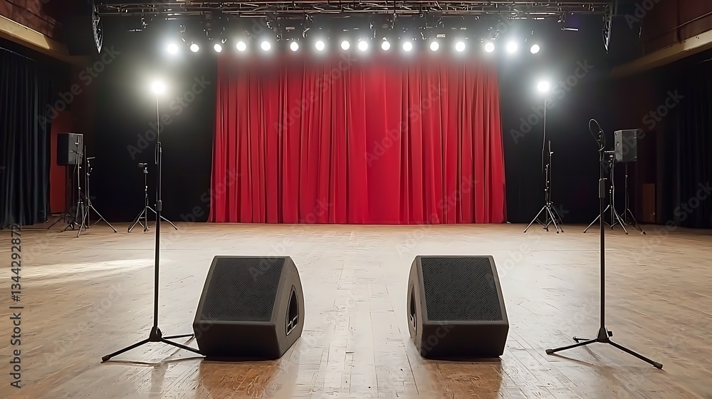 Aufkleber empty stage with red curtain and lighting ready for performance in a theater or auditorium setting
