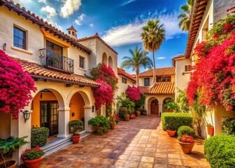 Naklejka premium Panoramic View of Spanish Style Architecture, Sunny Day, Mediterranean Villa, Classic Design