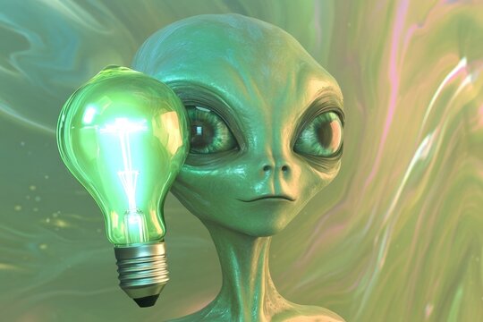 An alien with a bright green light bulb, symbolizing extraterrestrial intelligence and innovative ideas.