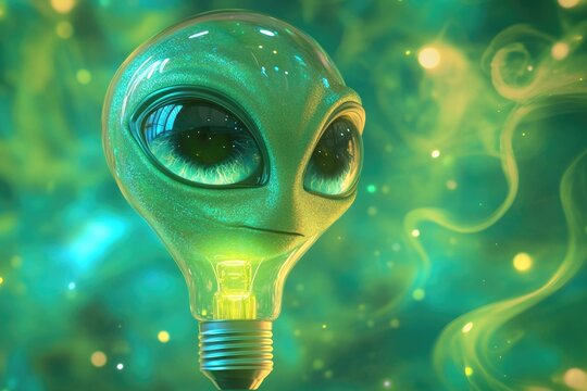 An alien's face inside a glowing lightbulb, symbolizing extraterrestrial intelligence and innovation.