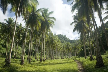 Naklejka premium Lush Tropical Landscape with Tall Palm Trees and Green Vegetation