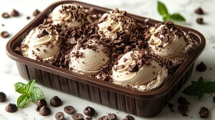 Delicious chocolate chip ice cream in a container with mint leaves and chocolate