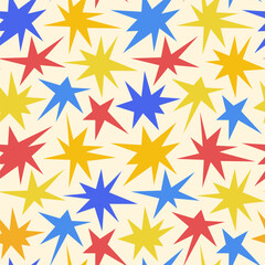 Funny playful Star shapes seamless pattern. Modern abstract starburst figure. Geometric wallpaper in trendy retro style. Template for package, fabric print, cover, child creative design, scrapbooking