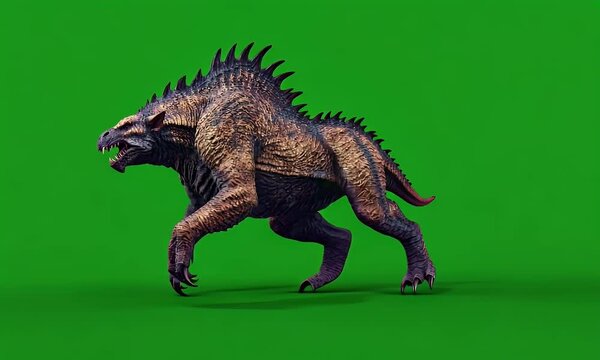 Green screen clip of a terrifying giant monster with sharp claws moving on a solid green background for special effects editing