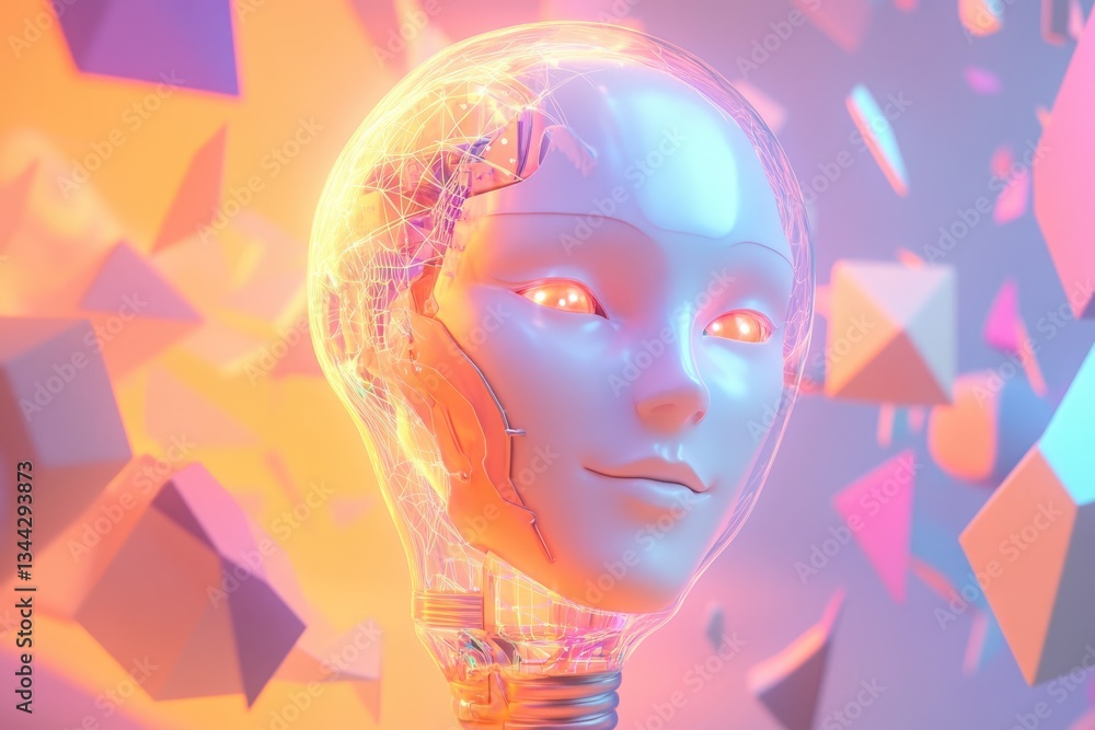 Aufkleber a futuristic robotic face emerges from a glowing lightbulb, symbolizing innovation and artificial in