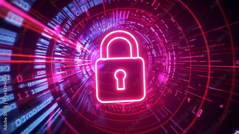Poster futuristic cybersecurity glowing pink padlock in digital background with binary code, symbolizing da