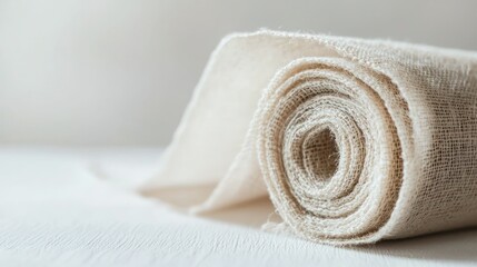 A rolled-up muslin fabric swatch placed on a white surface.