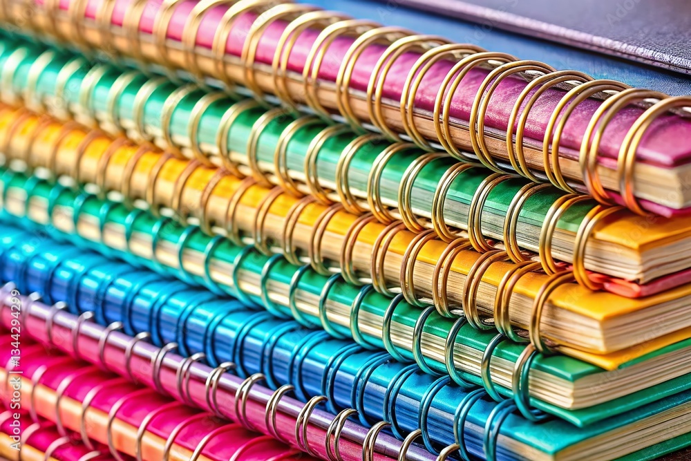 Poster pastel notebooks macro photography: stack of colorful spiral notebooks close-up