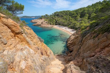 Scenic Coastal View of Serene Beach Surrounded by Lush Greenery