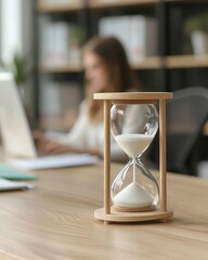 A glass hourglass sits on a wooden desk, with a blurred figure working on a laptop in the background, symbolizing the passage of time and productivity.