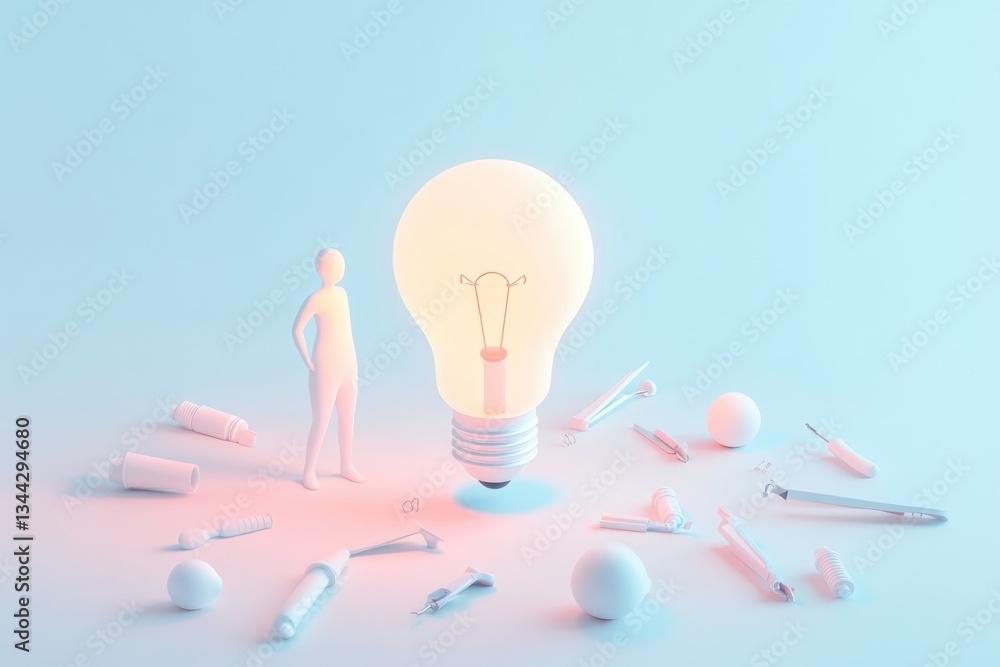Poster a glowing lightbulb surrounded by tools and a miniature person symbolizes innovation and problem-sol