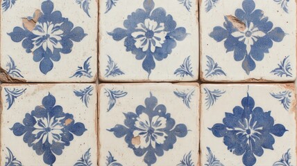 Close-Up of Aged Blue and White Floral Ceramic Tiles