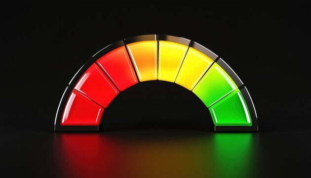 Energy Efficiency Rating Gauge With Red, Yellow, And Green Chart Sections Reflecting Credit Risk And Sentiment Levels. Semi-Circular Scale Measuring Speed Or Temperature. - Powered by Adobe